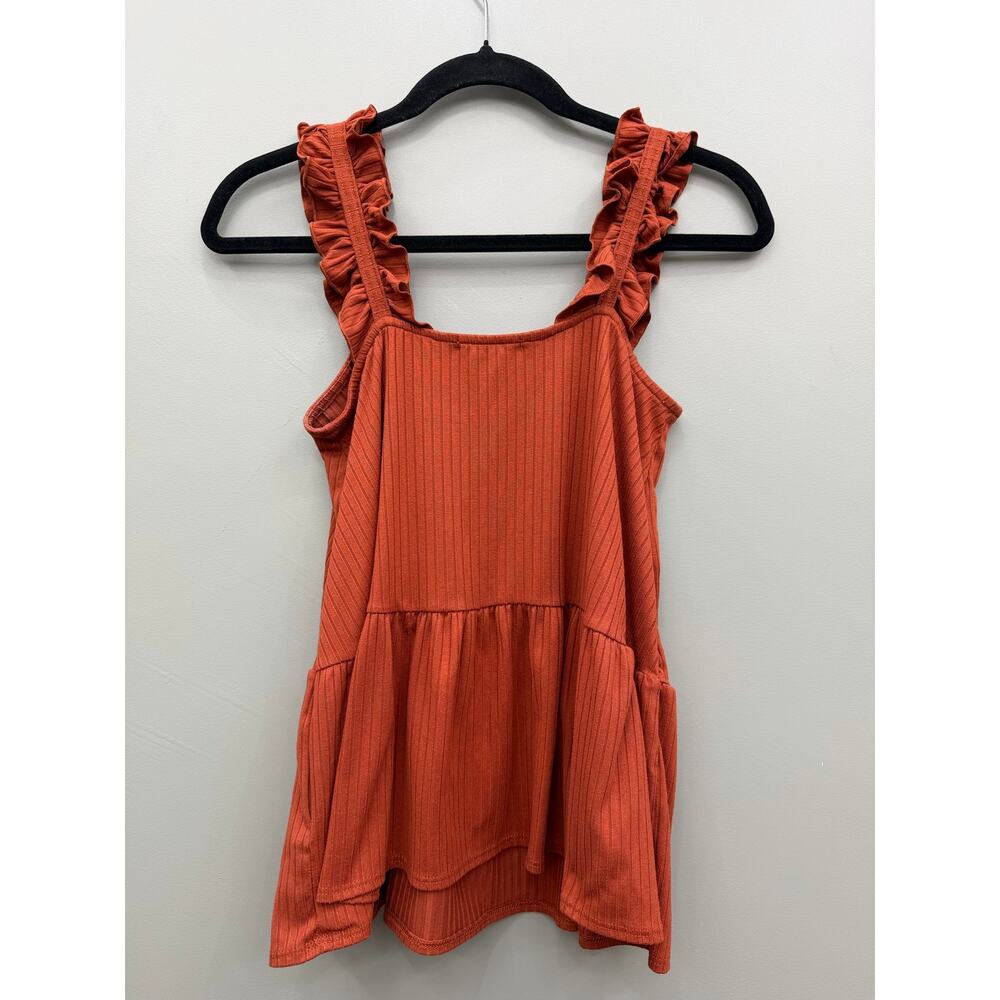 Entro Rust Ribbed Peplum Tank Top S Ruffle Strap Square Neck Boho - Picture 4 of 5